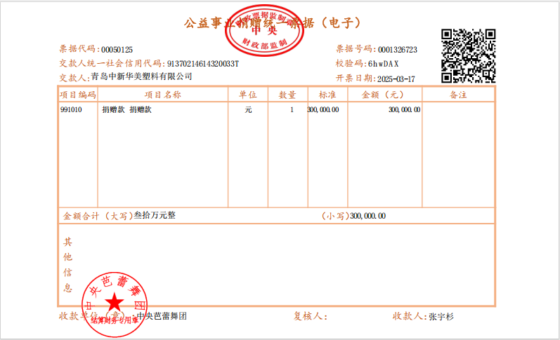 青島中新華美塑料有限公司捐贈30萬元，攜手中央芭蕾舞團共筑藝術未來